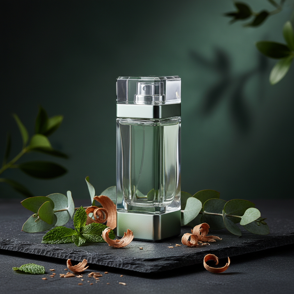 Cedar & Mint — geometric glass bottle with silver-green accents surrounded by cedar wood shavings, mint leaves, and eucalyptus sprigs