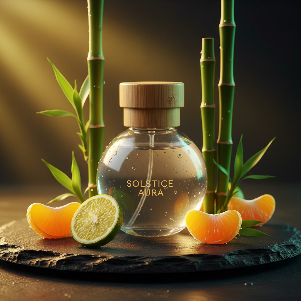 Citrus Zen — round clear glass bottle with bamboo cap surrounded by yuzu citrus fruits, mandarin orange slices, and green bamboo stalks