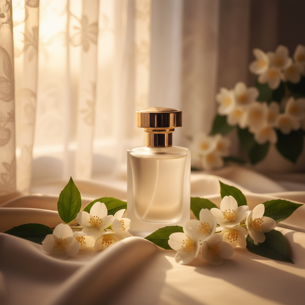 Jasmine Silk — frosted glass perfume bottle with gold cap surrounded by fresh white jasmine flowers and soft silk fabric