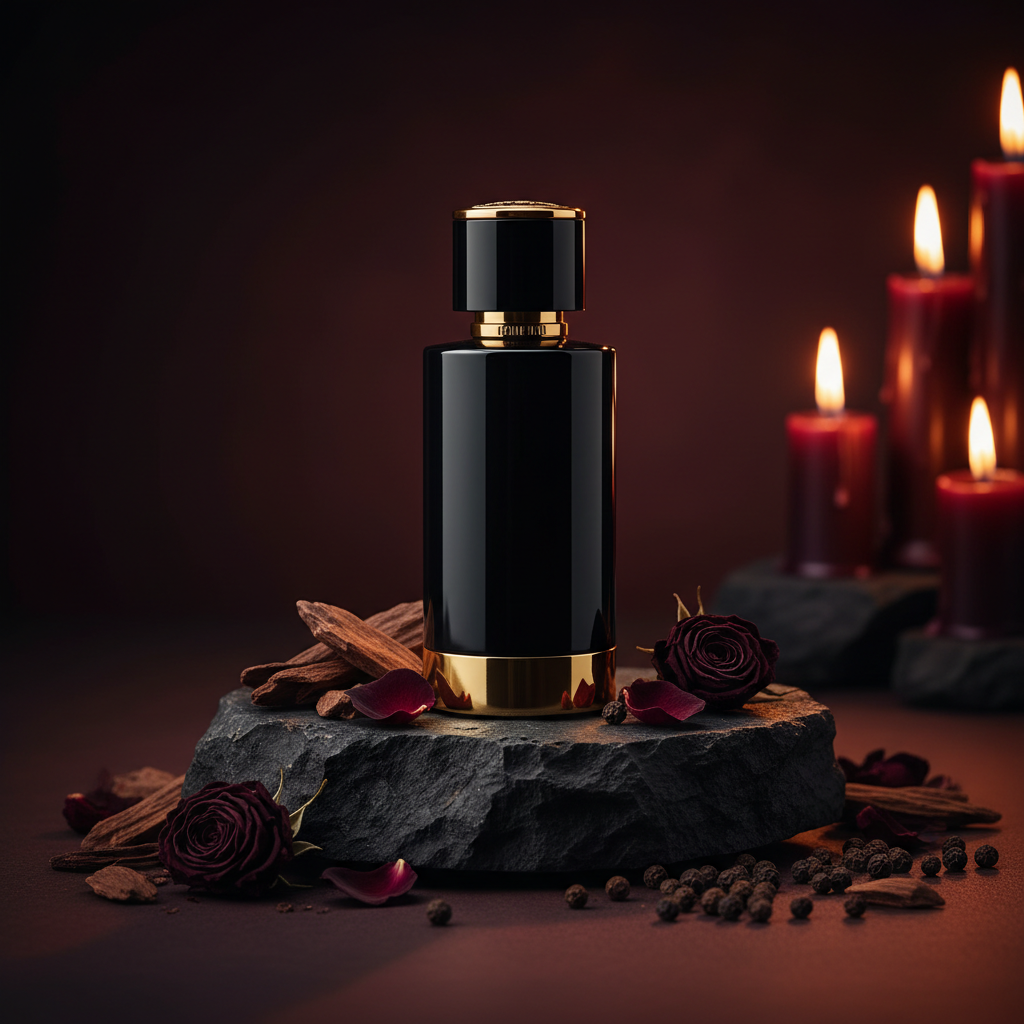 Oud Noir — black glass perfume bottle with gold accents on dark obsidian stone surrounded by oud wood chips and rose petals