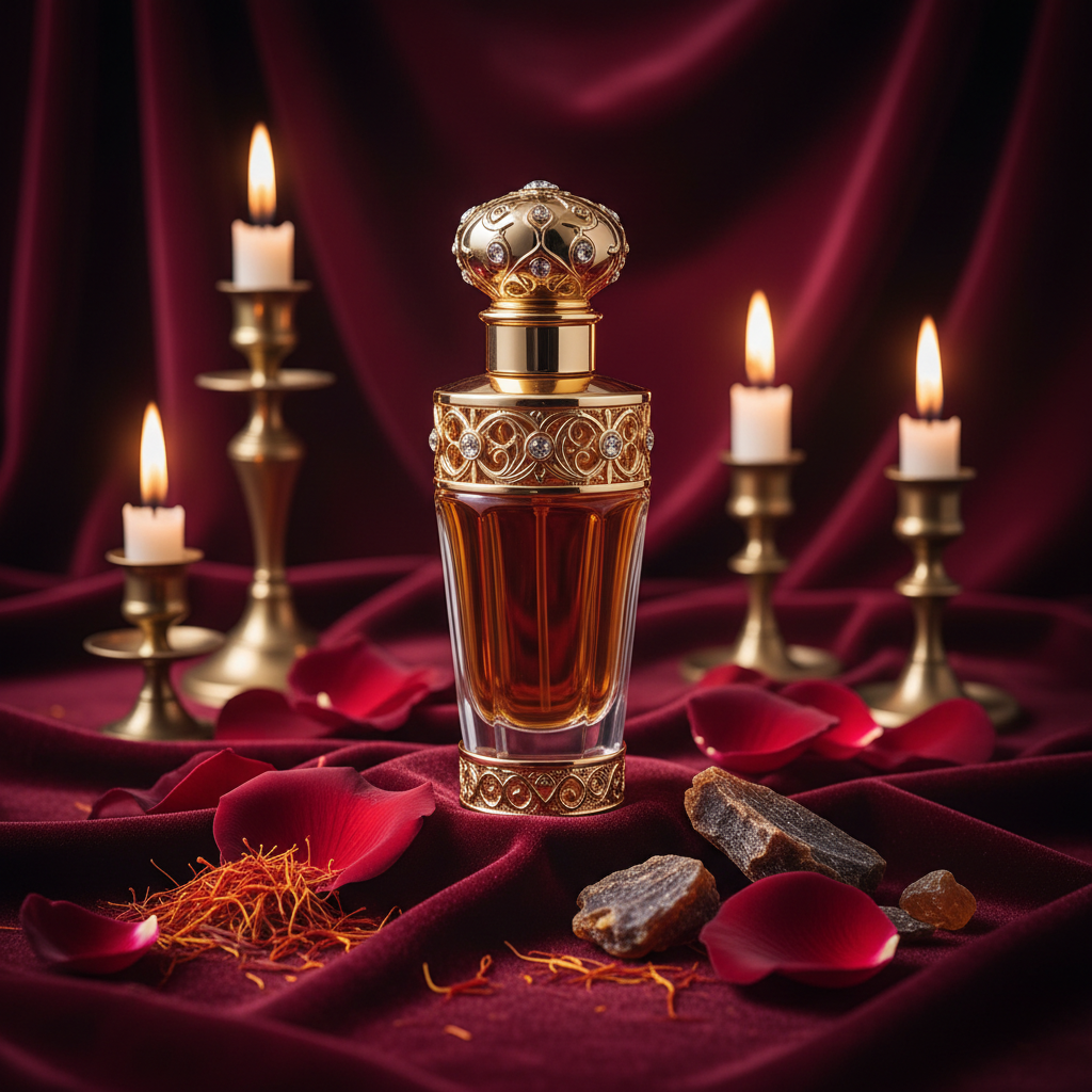 Rose Oud — ornate gold-capped crystal bottle surrounded by deep red Damascene rose petals and saffron threads on dark velvet