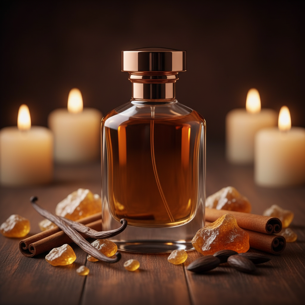 Velvet Amber — amber-tinted glass bottle with bronze cap surrounded by golden amber resin, vanilla pods, and cinnamon sticks on dark wood